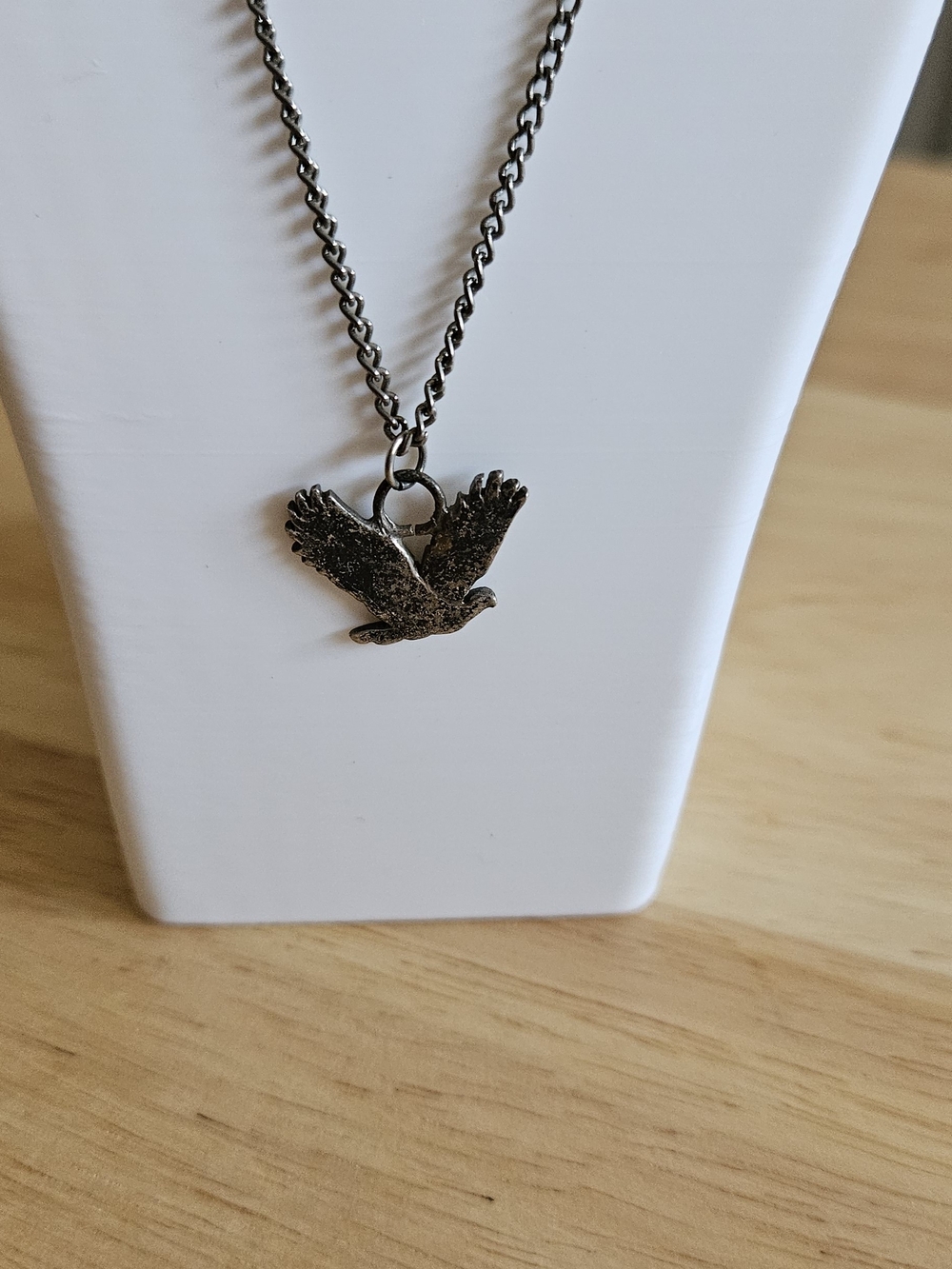 Bird Pendant Necklace Cut From A Quarter in Dark Silver.  16" Chain